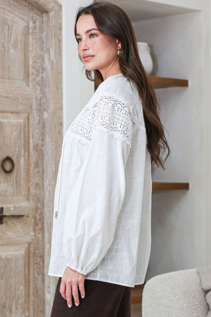 Maldon Blouse - Lace Yoke Neckline Button Down with Neck Tie and Long Sleeves in White