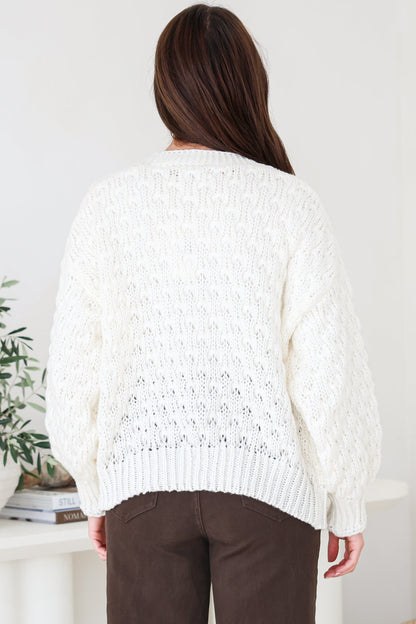 Manny Cardigan - Chunky Open Cropped Cable Knit with Rib Knit Trims and Pockets in Cream