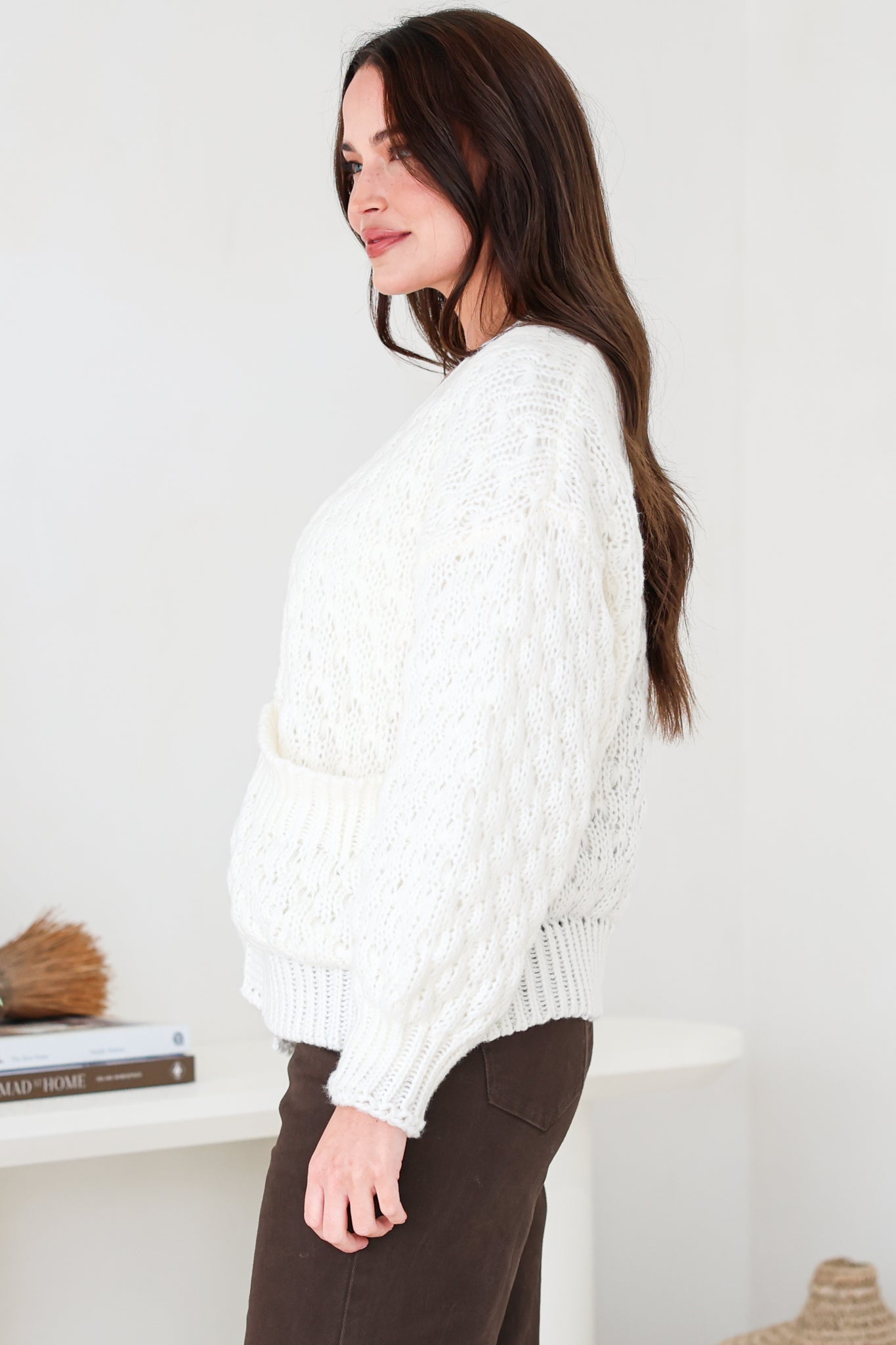Manny Cardigan - Chunky Open Cropped Cable Knit with Rib Knit Trims and Pockets in Cream