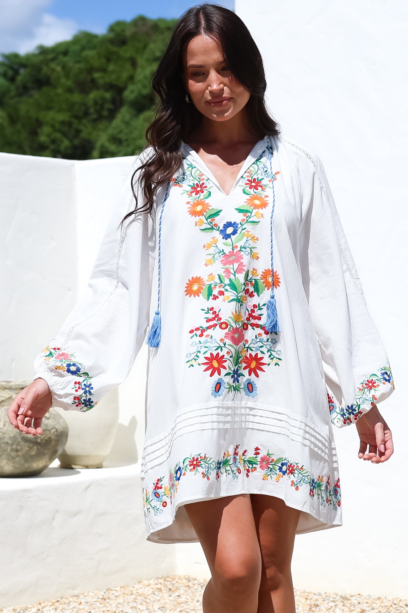 Margerie Long Sleeve Mini Dress - V-Neck Multicoloured Floral Embroidered Shift Dress in White
