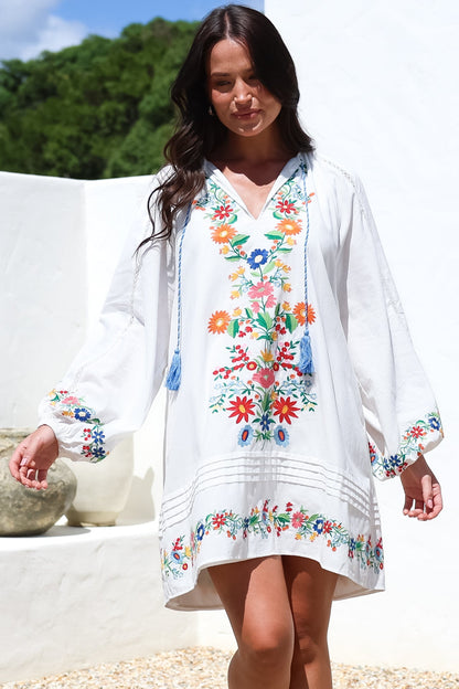 Margerie Long Sleeve Mini Dress - V-Neck Multicoloured Floral Embroidered Shift Dress in White