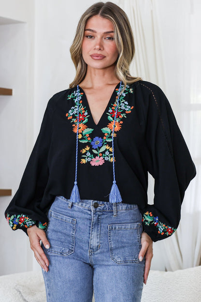 Margerie Top - Floral Embroidered Top with Long Sleeves in Black