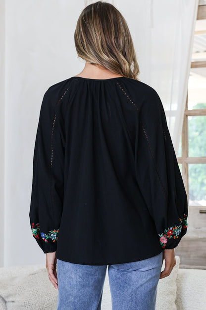 Margerie Top - Floral Embroidered Top with Long Sleeves in Black