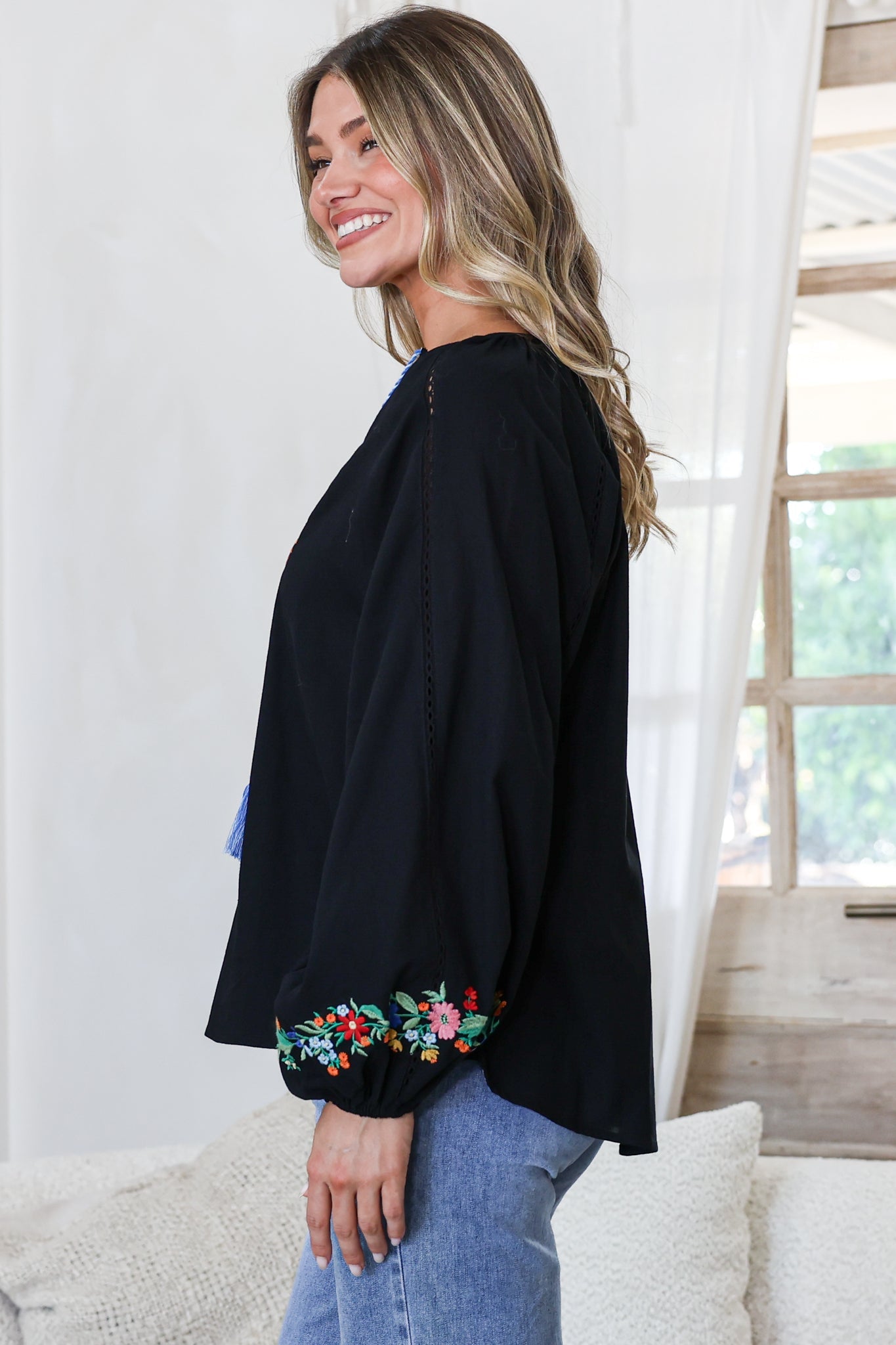 Margerie Top - Floral Embroidered Top with Long Sleeves in Black