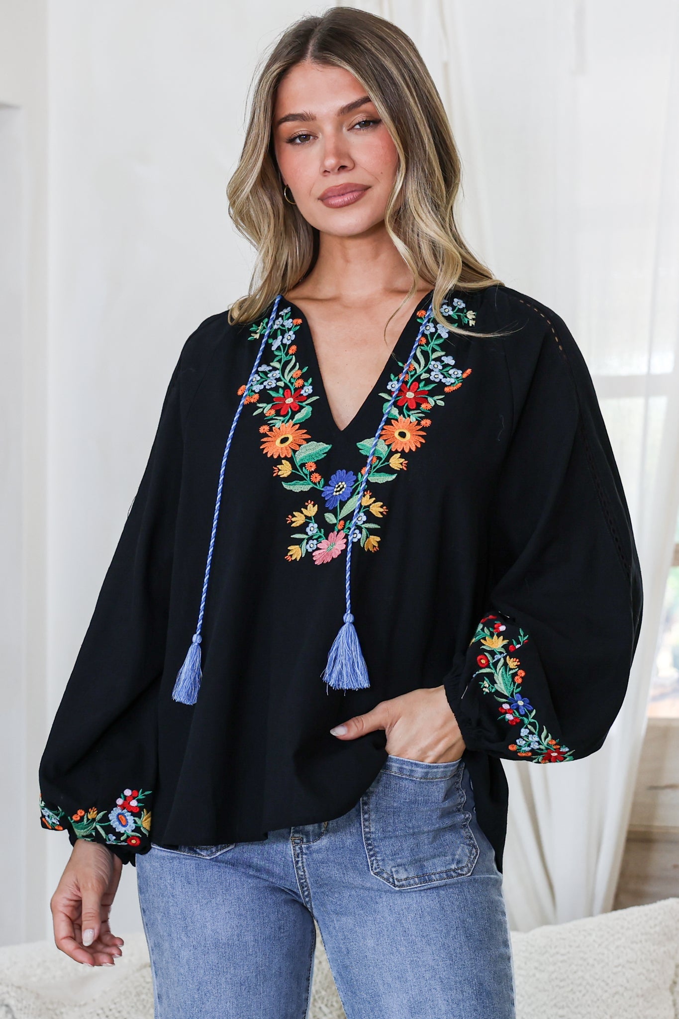 Margerie Top - Floral Embroidered Top with Long Sleeves in Black