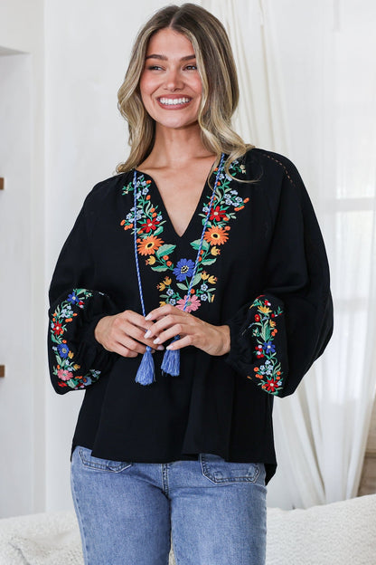Margerie Top - Floral Embroidered Top with Long Sleeves in Black