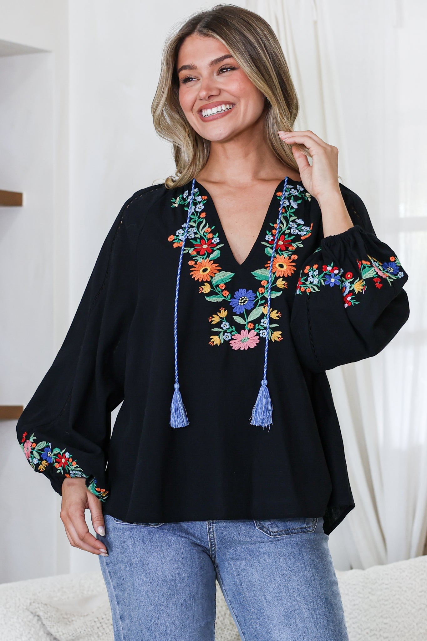 Margerie Top - Floral Embroidered Top with Long Sleeves in Black