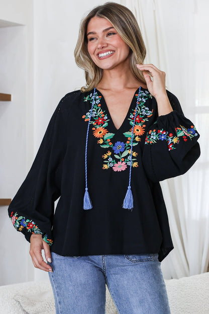 Margerie Top - Floral Embroidered Top with Long Sleeves in Black