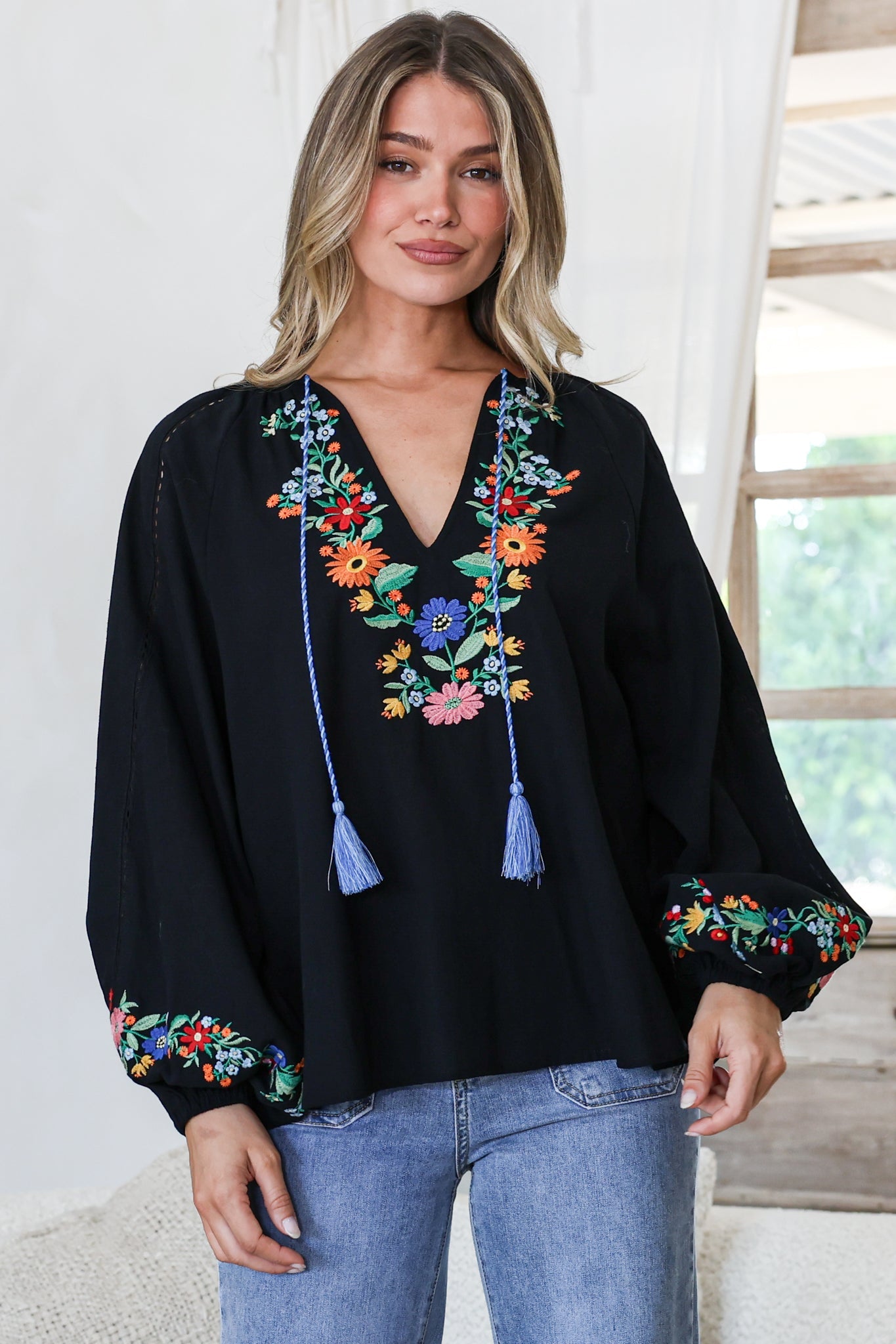 Margerie Top - Floral Embroidered Top with Long Sleeves in Black