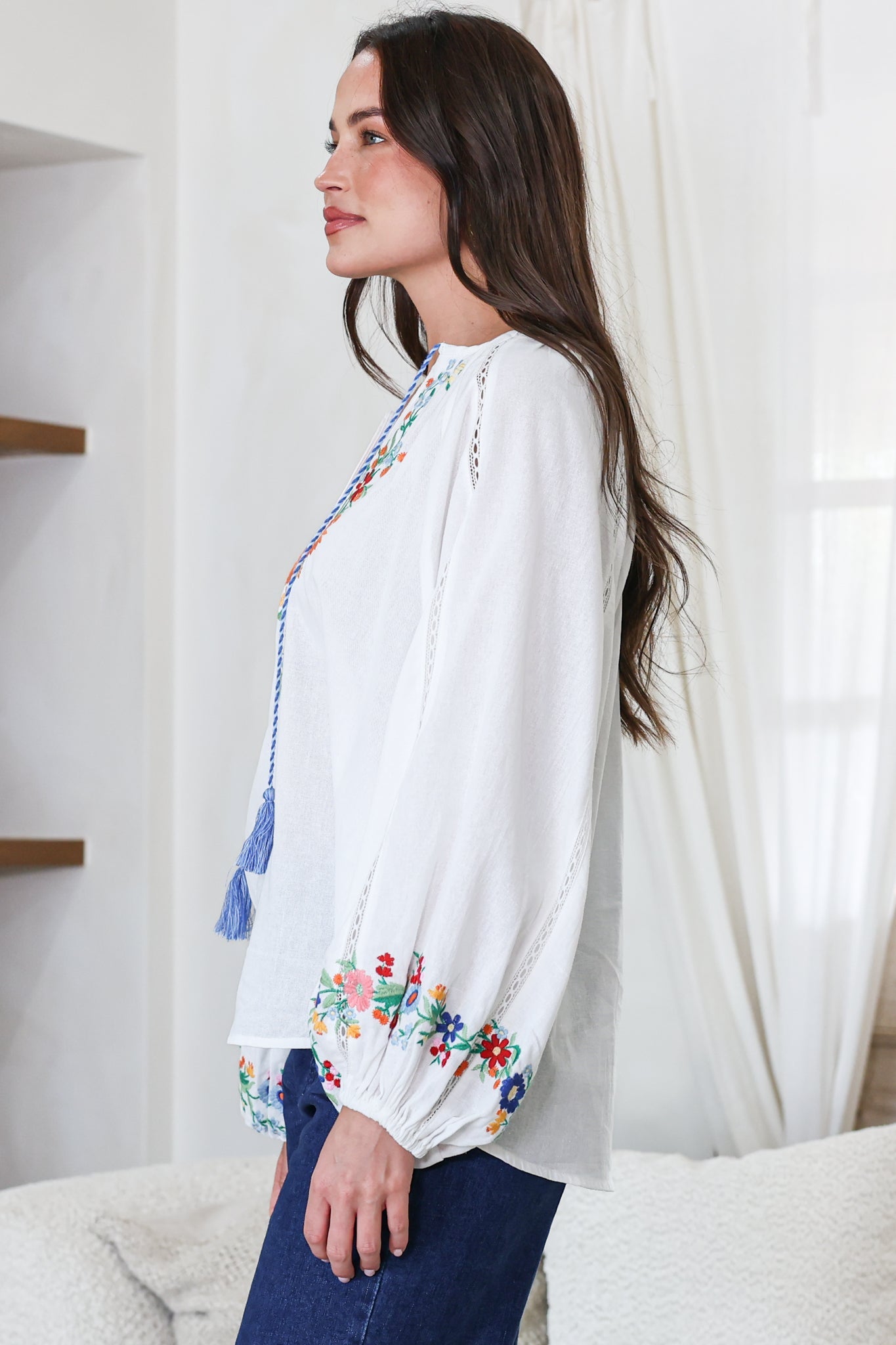 Margerie Top - Floral Embroidered Top with Long Sleeves in White