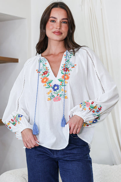 Margerie Top - Floral Embroidered Top with Long Sleeves in White