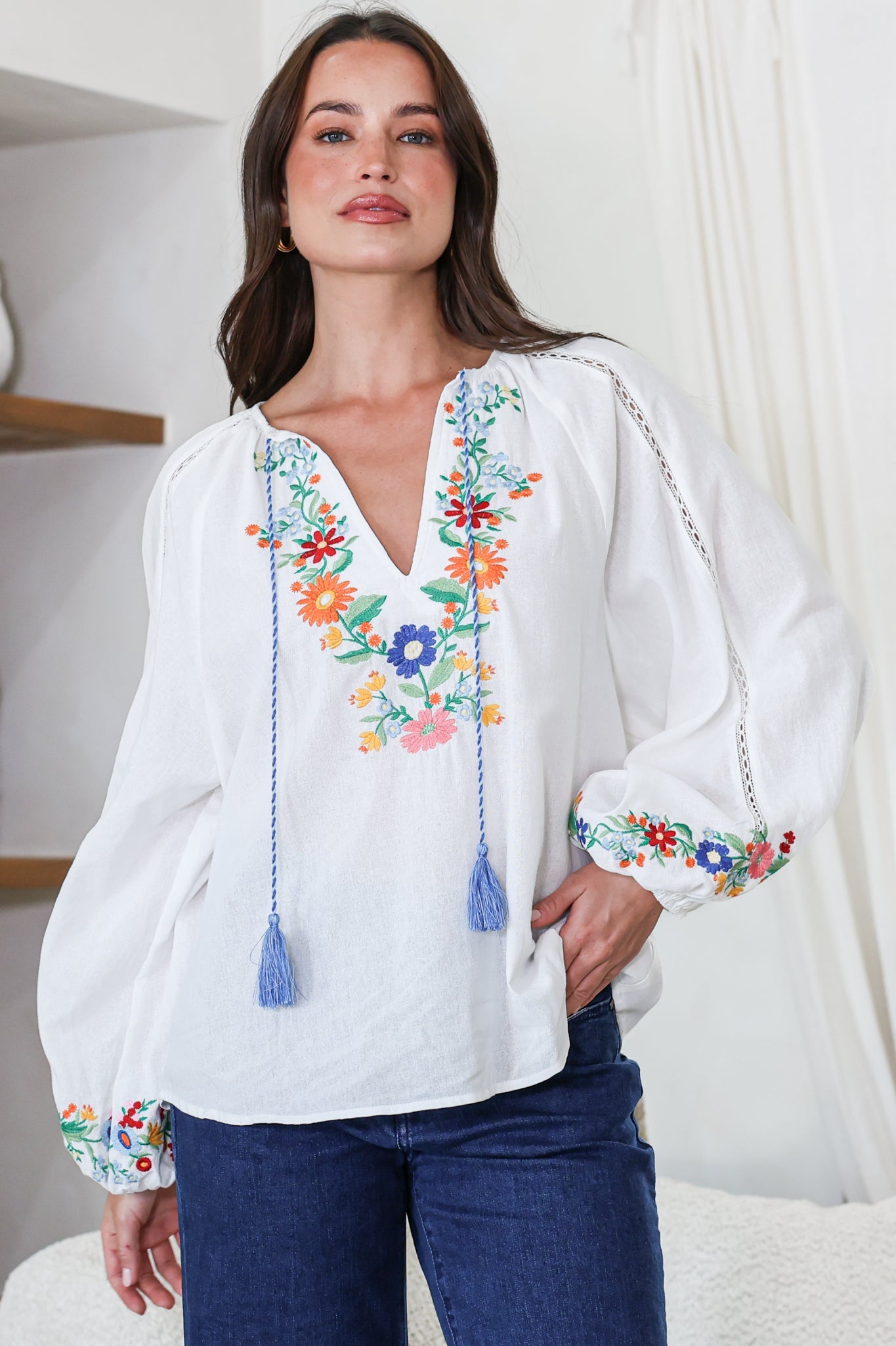 Margerie Top - Floral Embroidered Top with Long Sleeves in White