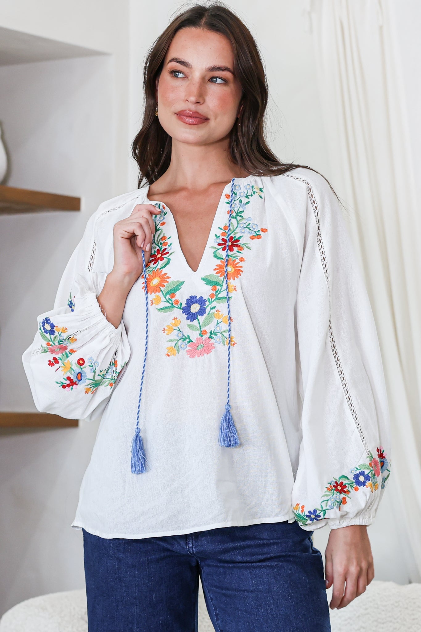 Margerie Top - Floral Embroidered Top with Long Sleeves in White