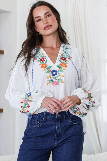 Margerie Top - Floral Embroidered Top with Long Sleeves in White