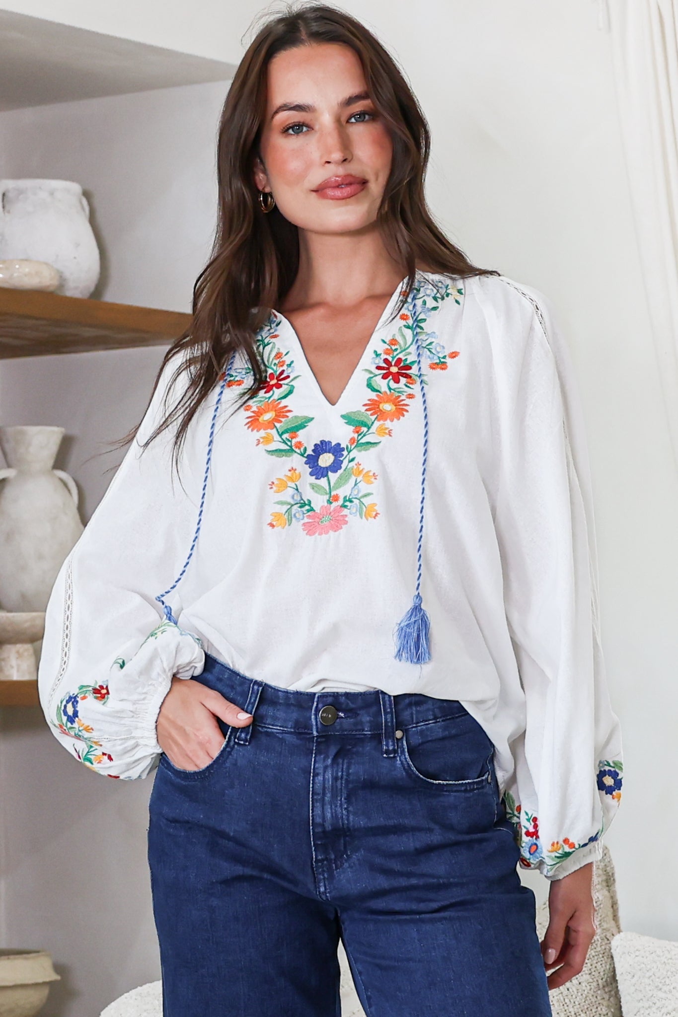 Margerie Top - Floral Embroidered Top with Long Sleeves in White