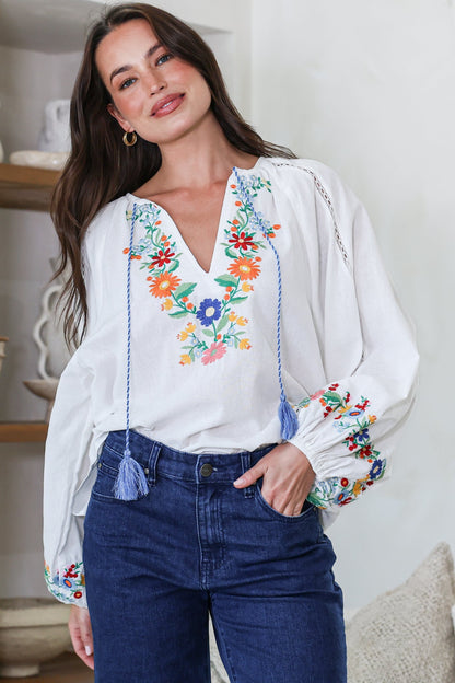 Margerie Top - Floral Embroidered Top with Long Sleeves in White
