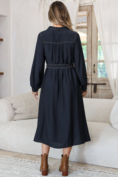 Maria Midi Dress - Wing Collar V Neck Contrast Stitch Shirt Dress with Balloon Sleeves and Belt in Indigo