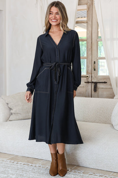 Maria Midi Dress - Wing Collar V Neck Contrast Stitch Shirt Dress with Balloon Sleeves and Belt in Indigo