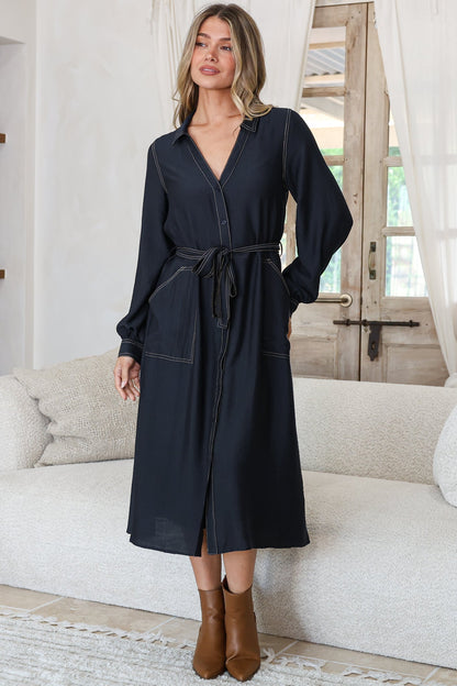 Maria Midi Dress - Wing Collar V Neck Contrast Stitch Shirt Dress with Balloon Sleeves and Belt in Indigo