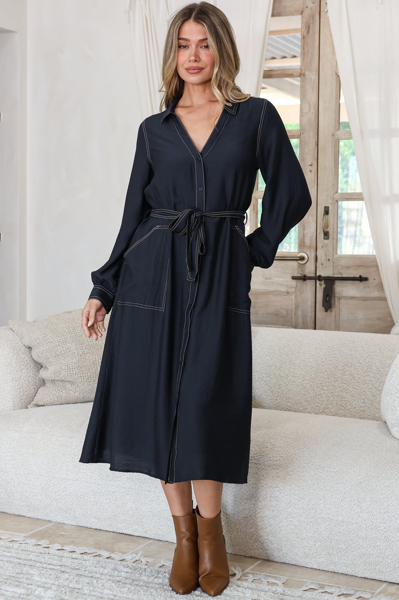 Maria Midi Dress - Wing Collar V Neck Contrast Stitch Shirt Dress with Balloon Sleeves and Belt in Indigo