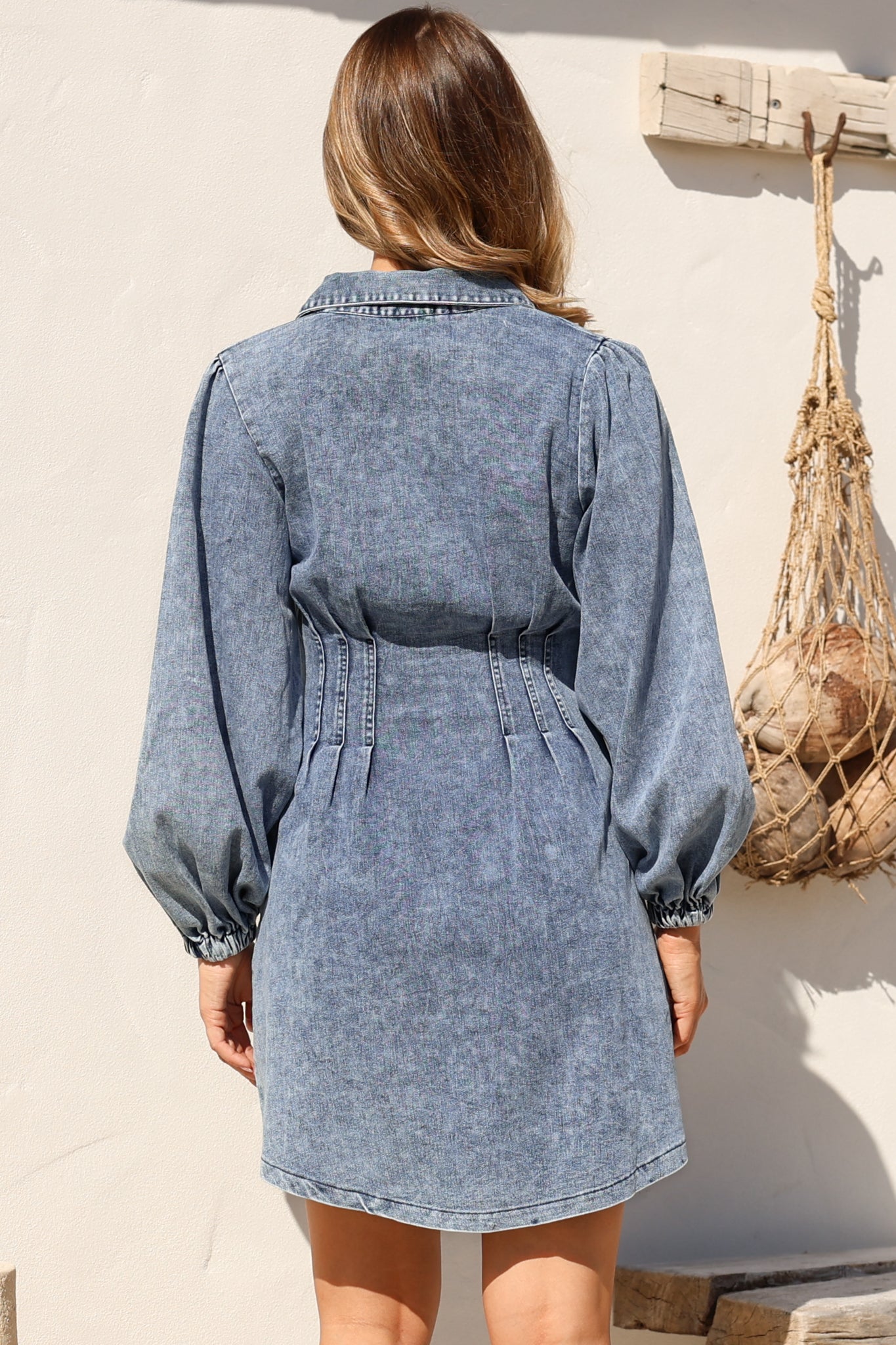Marlana Mini Dress - Wing Collar A-Line Button Down Denim Dress in Mid Denim Wash
