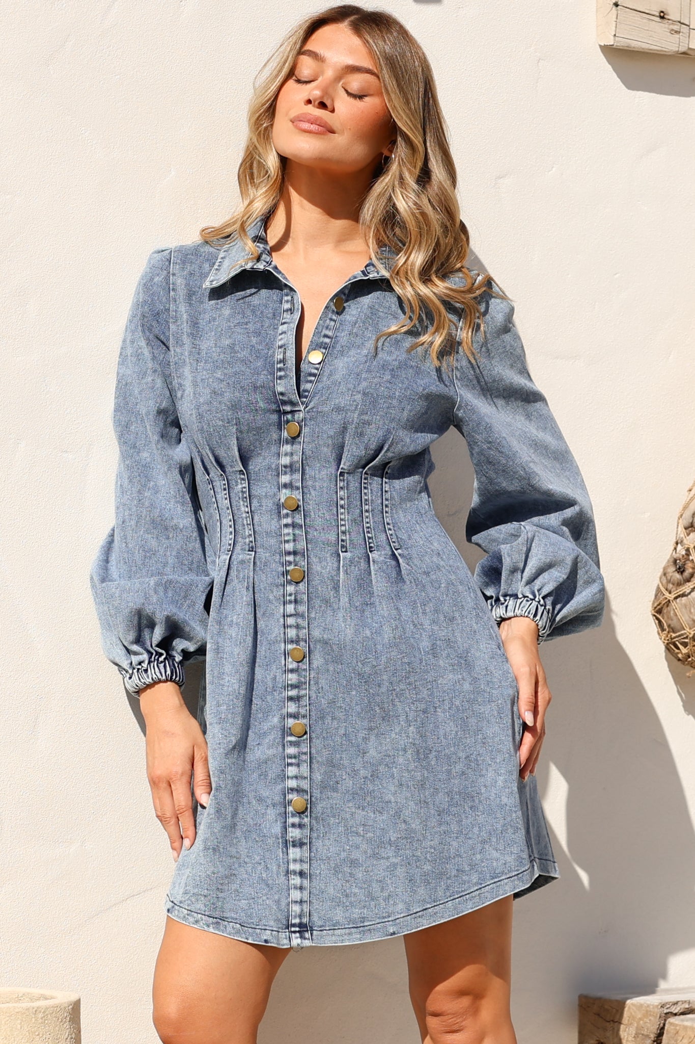 Marlana Mini Dress - Wing Collar A-Line Button Down Denim Dress in Mid Denim Wash