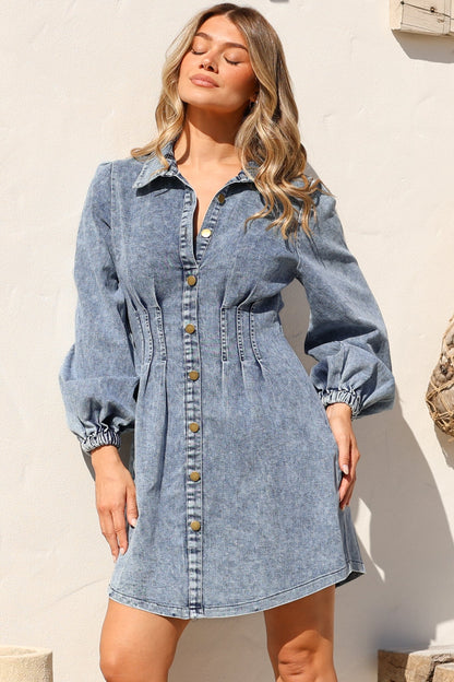 Marlana Mini Dress - Wing Collar A-Line Button Down Denim Dress in Mid Denim Wash