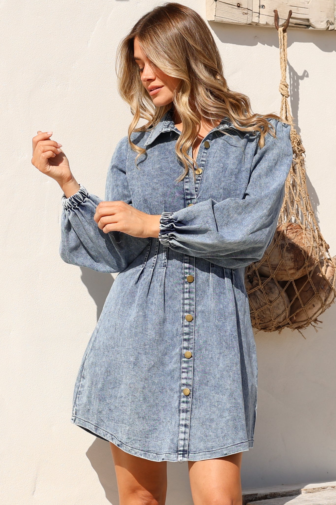Marlana Mini Dress - Wing Collar A-Line Button Down Denim Dress in Mid Denim Wash