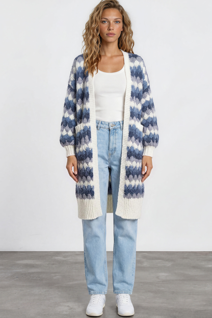 Marlie Cardigan - Open Front Stripe Bubble Knit with Pockets in Blue