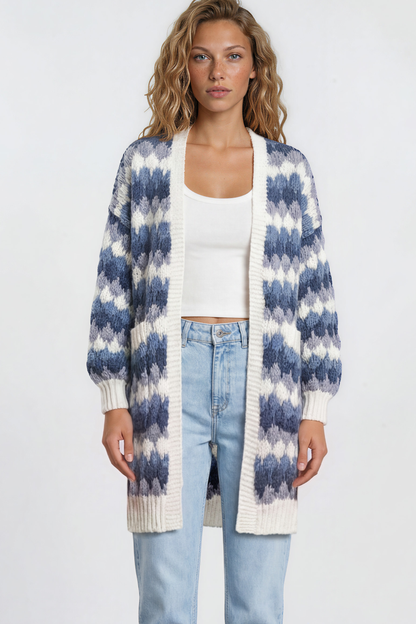 Marlie Cardigan - Open Front Stripe Bubble Knit with Pockets in Blue