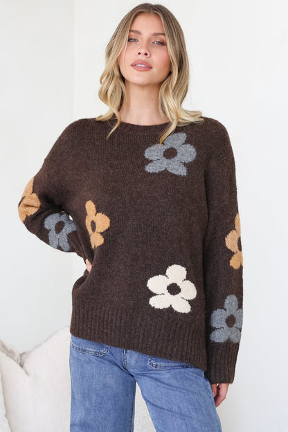 Marlo Jumper - Crew Neck Floral Knit with Ribbed Hemlines in Chocolate