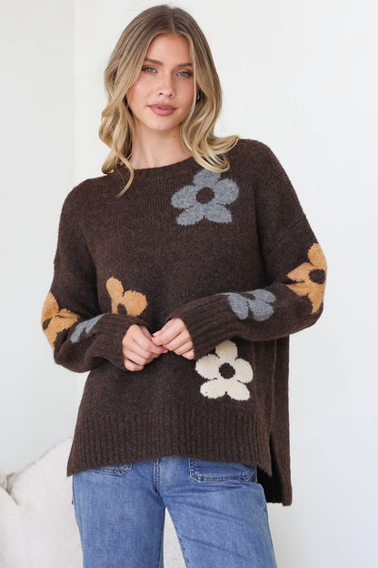 Marlo Jumper - Crew Neck Floral Knit with Ribbed Hemlines in Chocolate