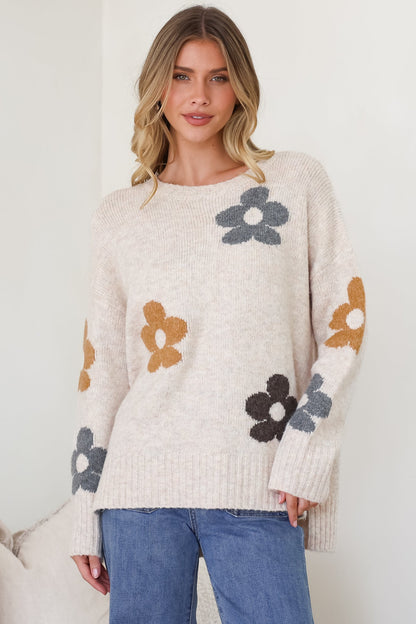 Marlo Jumper - Crew Neck Floral Knit with Ribbed Hemlines in Oatmeal