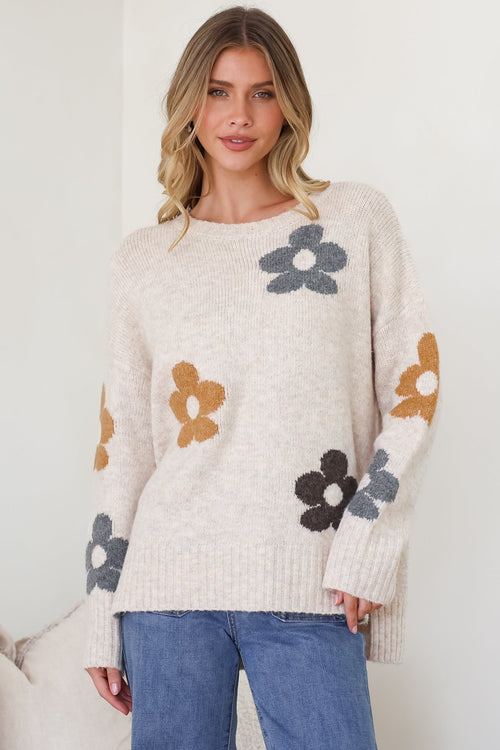 Marlo Jumper - Crew Neck Floral Knit with Ribbed Hemlines in Oatmeal