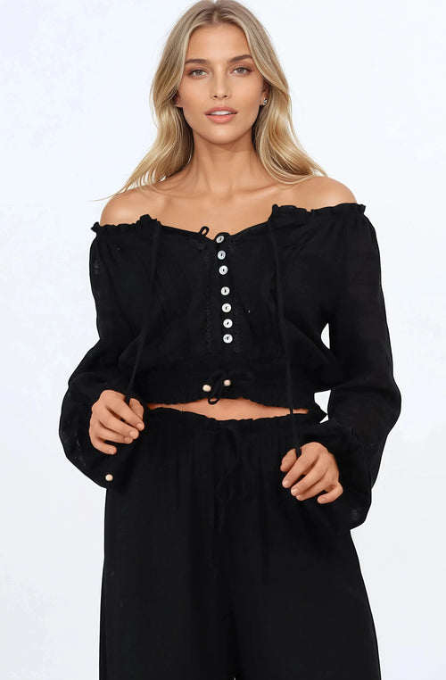 Marlon Top - On or Off Shoulder Pin Tuck Detail Long Balloon Sleeve Crop in Black
