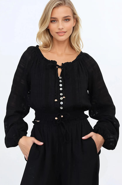 Marlon Top - On or Off Shoulder Pin Tuck Detail Long Balloon Sleeve Crop in Black