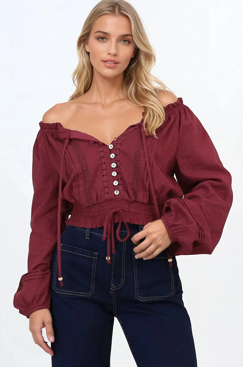 Marlon Top - On or Off Shoulder Pin Tuck Detail Long Balloon Sleeve Crop in Wine
