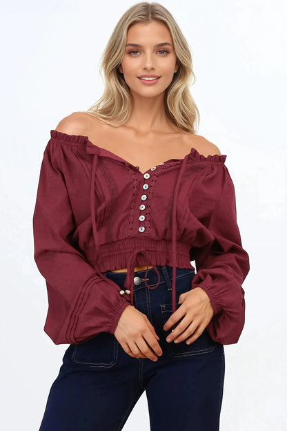 Marlon Top - On or Off Shoulder Pin Tuck Detail Long Balloon Sleeve Crop in Wine