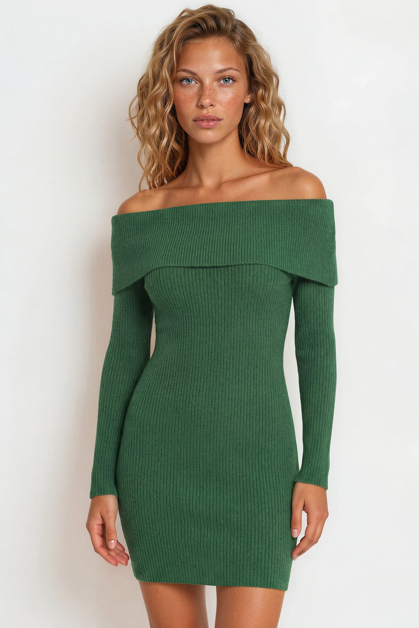 Marnelle Mini Dress - Off Shoulder Asymmetric Neckline Knit Dress in Green