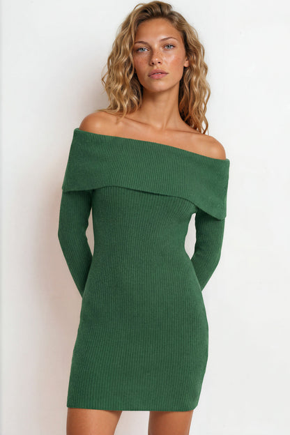Marnelle Mini Dress - Off Shoulder Asymmetric Neckline Knit Dress in Green