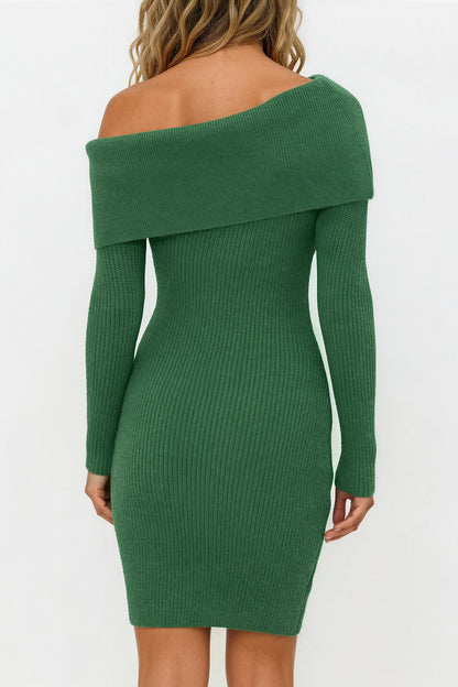 Marnelle Mini Dress - Off Shoulder Asymmetric Neckline Knit Dress in Green