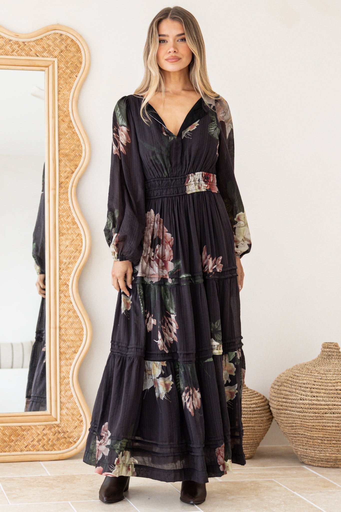 Maroney Maxi Dress - Pleat Detailed A-Line Dress with Balloon Sleeves in Mika Print