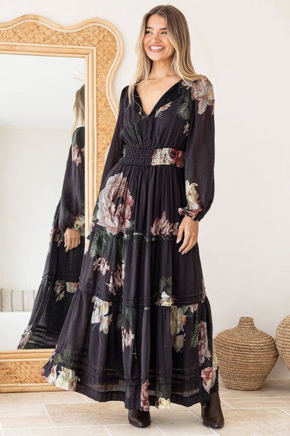 Maroney Maxi Dress - Pleat Detailed A-Line Dress with Balloon Sleeves in Mika Print