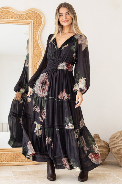 Maroney Maxi Dress - Pleat Detailed A-Line Dress with Balloon Sleeves in Mika Print