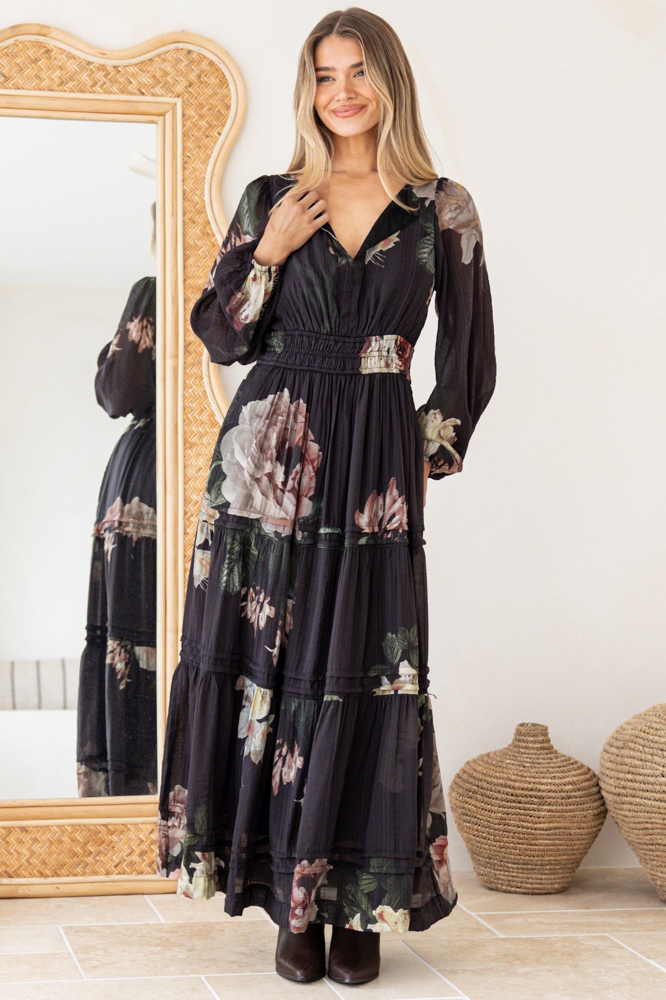 Maroney Maxi Dress - Pleat Detailed A-Line Dress with Balloon Sleeves in Mika Print
