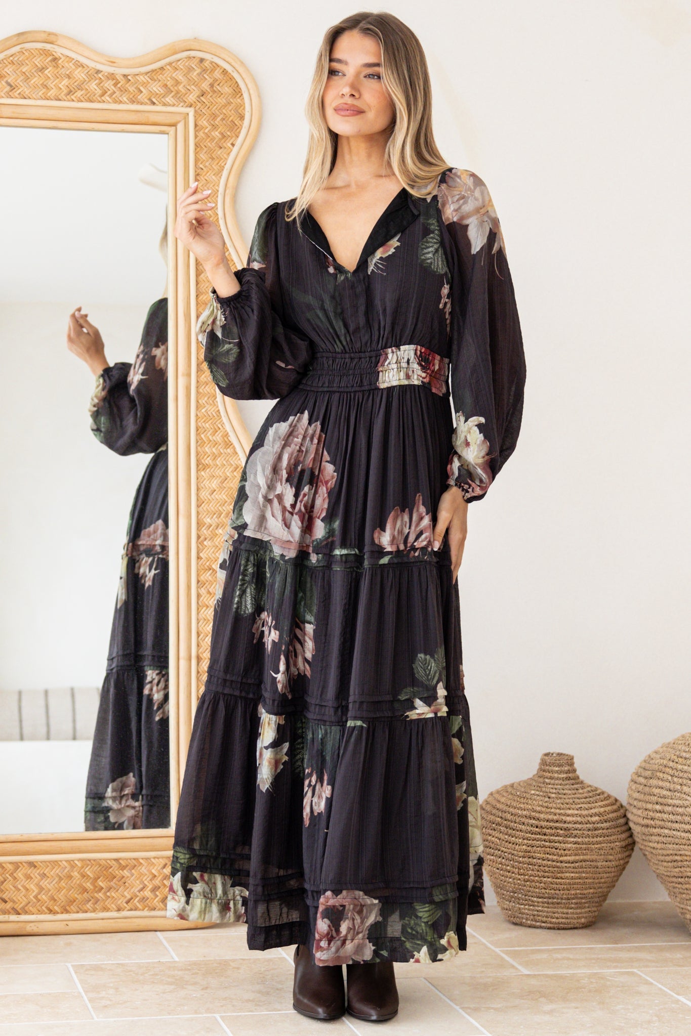 Maroney Maxi Dress - Pleat Detailed A-Line Dress with Balloon Sleeves in Mika Print