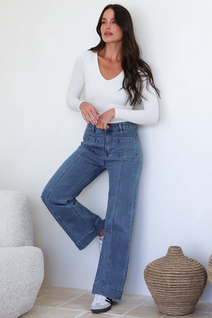 Marsha Jeans - High Waisted Wide Leg Jean with Front Seam Detail in Mid Denim Wash
