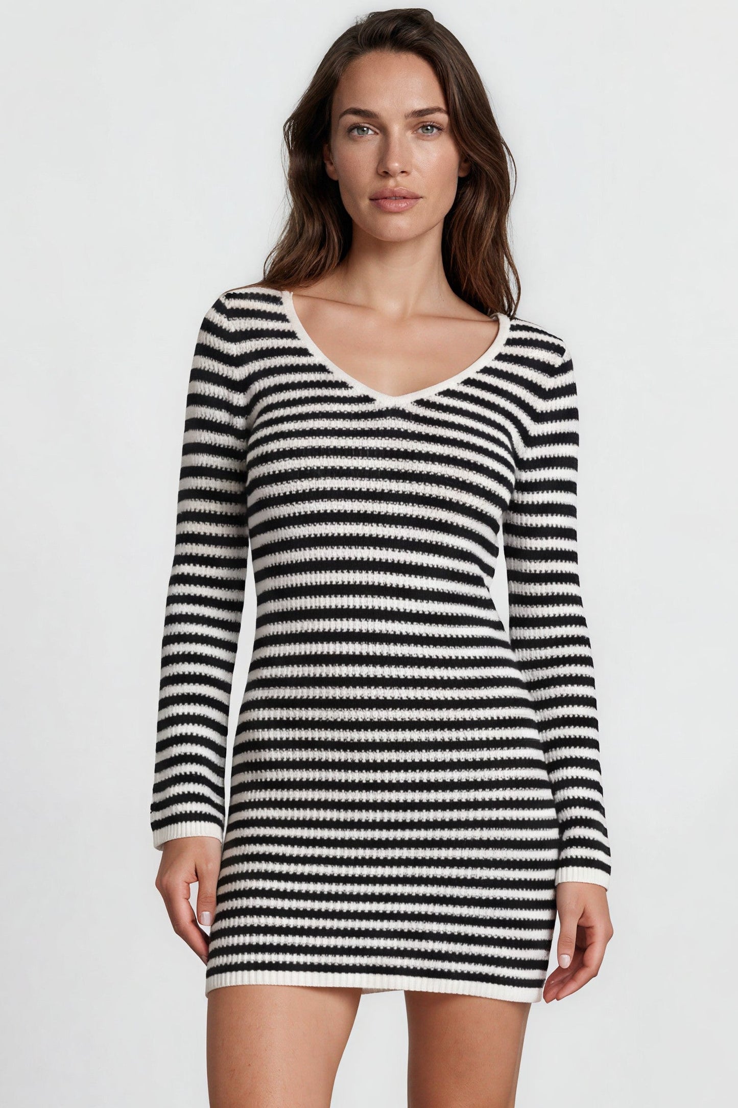 Marza Mini Dress - Long Sleeve Knit Dress with Open Back Detail with Tie Closure in Black/White