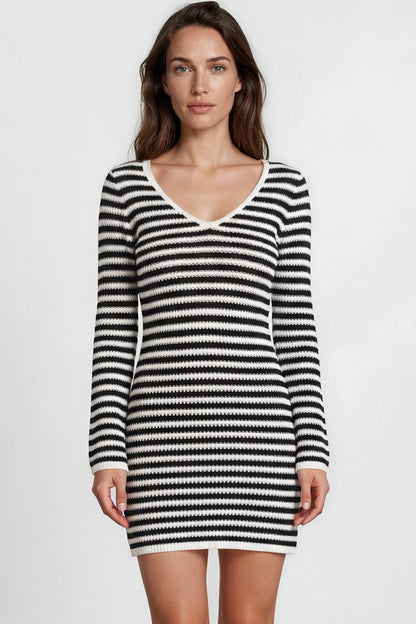 Marza Mini Dress - Long Sleeve Knit Dress with Open Back Detail with Tie Closure in Black/White