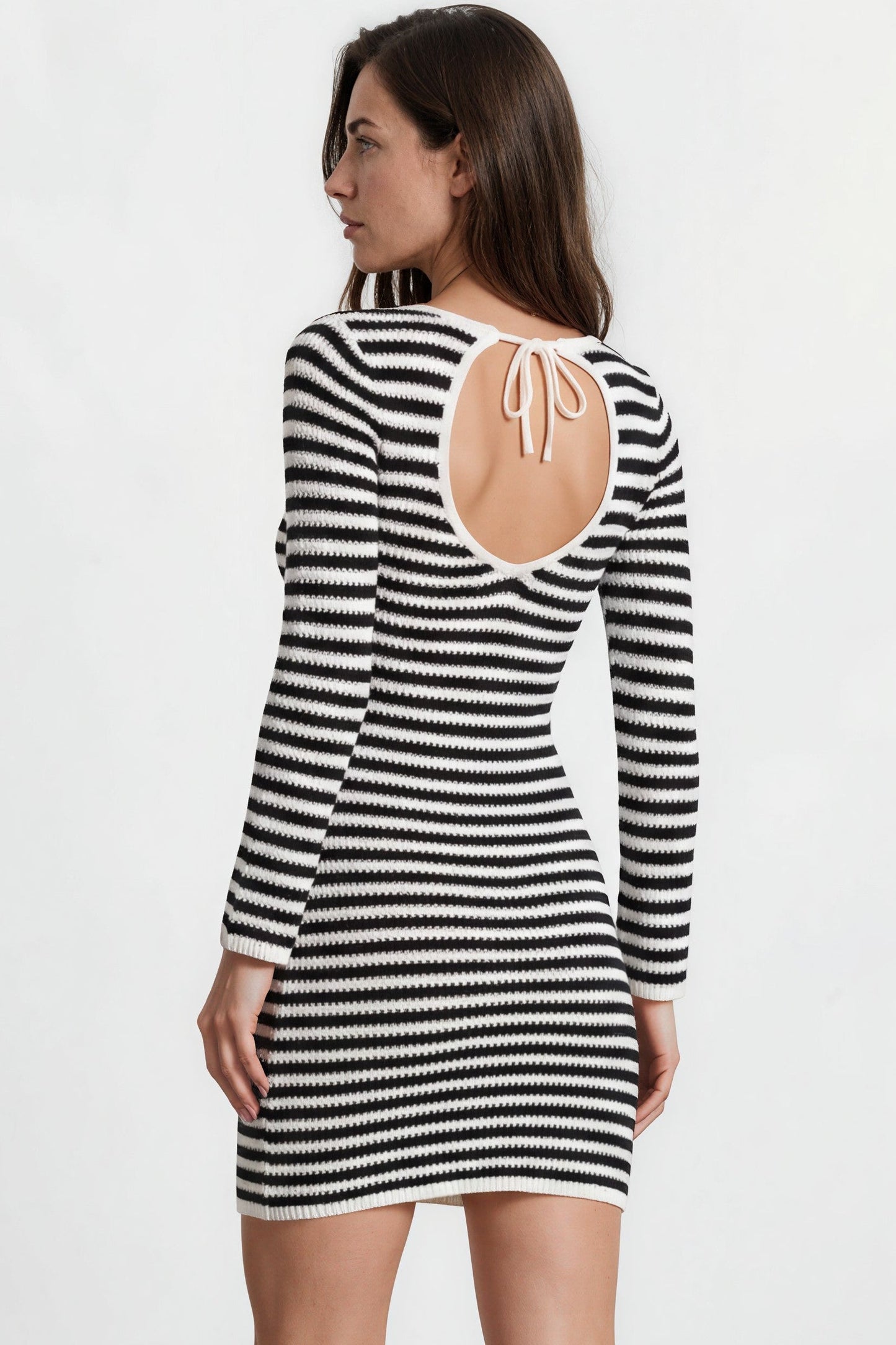 Marza Mini Dress - Long Sleeve Knit Dress with Open Back Detail with Tie Closure in Black/White